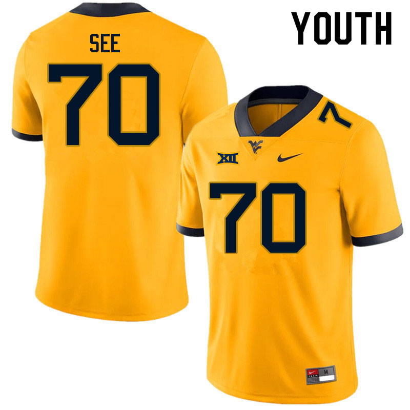 Youth #70 Shawn See West Virginia Mountaineers College Football Jerseys Sale-Gold - Click Image to Close